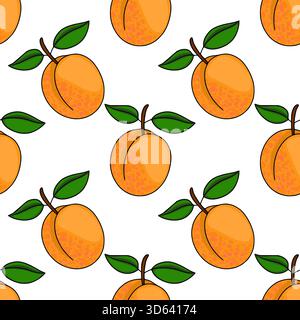 Motivo vettoriale senza cuciture di albicocche arancioni vivaci con foglie verdi su uno sfondo bianco pulito, caratterizzato da un'estetica affascinante e disegnata a mano. Illustrazione Vettoriale