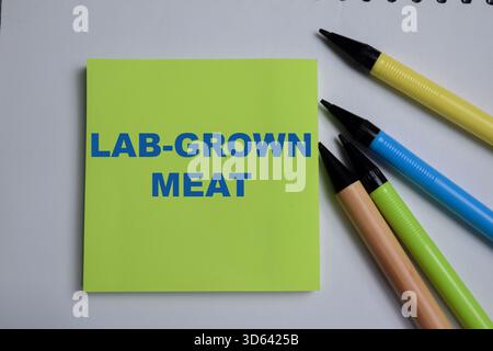 Concetto di carne coltivata in laboratorio scrivere su note appiccicose isolate su un tavolo in legno. È carne prodotta mediante coltura di cellule animali in vitro Foto Stock