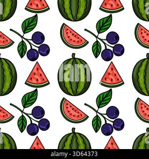 Motivo vettoriale senza cuciture con fette di anguria fresca e mirtilli maturi sui rami con foglie verdi. Illustrazione Vettoriale