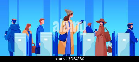 Viaggiatori della linea di sicurezza aeroportuale che utilizzano smartphone persone diverse che aspettano ai cancelli automatizzati moderno banner blu su sfondo Illustrazione Vettoriale