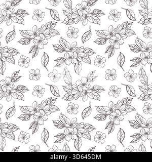 Motivo vettoriale senza cuciture di mele e prugne, foglie, tutti gli oggetti disegnati a mano con inchiostro e tradotti in vettore. L'illustrazione è perfetta per Illustrazione Vettoriale