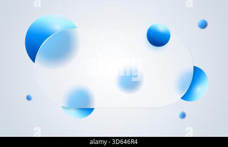La cornice morfista in vetro sfocato con sfumature blu brillanti e palline 3D fluttuanti forma uno schermo moderno ed elegante. Pannello in vetro smerigliato trasparente Illustrazione Vettoriale