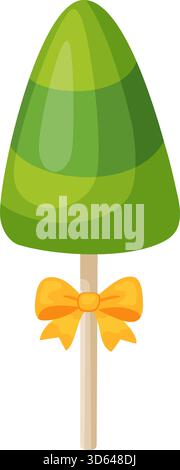 Albero di Natale conico verde a strati, legato con fiocco a nastro sul bastoncino. Stile piatto colorato. Ideale per feste, grafica festiva, temi per festeggiamenti invernali e design per bambini Illustrazione Vettoriale