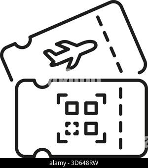 Biglietto aereo con icona QR Code Line. Simbolo del pass d'imbarco digitale e dell'autenticazione da viaggio. Modern Air Travel and Security. Modificabile Illustrazione Vettoriale