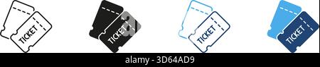 Due biglietti per l'evento e set di icone fisse. Sistema di ingresso, intrattenimento e biglietteria Outline and silhouette Symbol Collection. Concerto e film Illustrazione Vettoriale