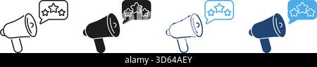 Megafono con linea di valutazione a stella e set di icone continue. Presentazione, revisione e valutazione della qualità del feedback del cliente e raccolta dei simboli di silhouette Illustrazione Vettoriale
