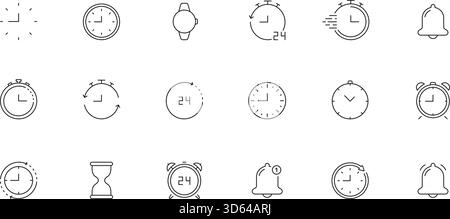 Impostazione dell'icona Orologio e linea timer. Raccolta di simboli di riferimento per la gestione del tempo, gli allarmi e il cronometro. Include clessidra, campana e 24 ore di ciclo. Modificabile Illustrazione Vettoriale