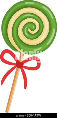 ollipop rotondo con striscia a spirale verde e bianca, legato con fiocco rosso sul bastoncino. Stile piatto colorato. Ideale per feste, grafica festiva, temi per festeggiamenti invernali e design per bambini Illustrazione Vettoriale