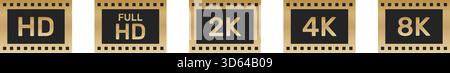 Icone di risoluzione video nel set silhouette. Collezione di simboli di qualità HD, Full HD, 2K, 4K e 8K. Uso multimediale e tecnologico. Vettore isolato Illustrazione Vettoriale
