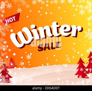 Sfondo invernale con rami di alberi di Natale, fiocchi di neve. Promozione di Capodanno. Sconti stagionali, pacchetti di volantini invernali con il miglior prezzo. Pubblicità volantino di Natale. Illustrazione Vettoriale