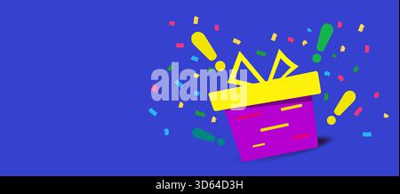 Partecipa per vincere premi. striscione verticale. confezione regalo rossa su sfondo blu e punti esclamativi. Fuochi d'artificio o coriandoli in giro. Stile origami cartoni animati Illustrazione Vettoriale