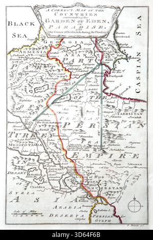 Una mappa dei paesi che circondano il Giardino dell'Eden o Paradiso con il corso dell'Arca di Noè durante l'alluvione dall'Antico XVIII secolo The Genuine Foto Stock