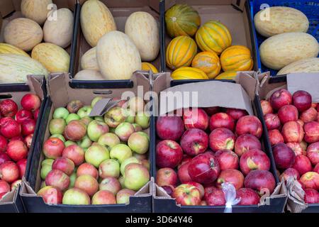 mele d, agrumi d'arancia e meloni profumati sono esposti in casse in un mercato di frutta. Un'esposizione colorata di prodotti stagionali per la vendita al dettaglio. Foto Stock