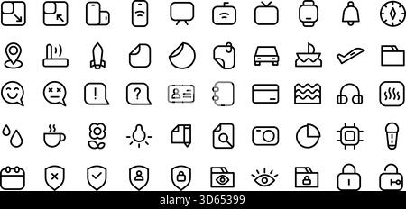 Set di icone Icon Collection Essential UI. Icone di interfaccia Web e app in stile linea minimale. Simbolo nero del contorno della linea. Illustrazione Vettoriale