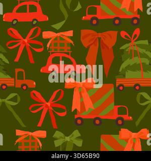 Motivo senza cuciture con auto rosse in sella ai regali di Natale su sfondo verde Illustrazione Vettoriale