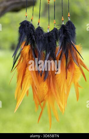 Dream catcher con fili di piume e perline corda appesa. Dreamcatcher fatto a mano Foto Stock