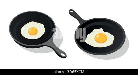 Uovo fritto di cartoni animati in padella, illustrazione vettoriale. Due padelle per friggere in ghisa con uovo fritto. Colazione presso Skillet. Vista dall'alto della teglia di cottura con Illustrazione Vettoriale
