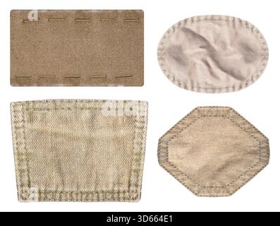Foto isolata di vari cerotti di denim di colore marrone con bordi cuciti su sfondo bianco. Foto Stock