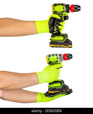 Foto isolata di mani maschili in guanti protettivi che trattengono un avvitatore a batteria su sfondo bianco. Foto Stock