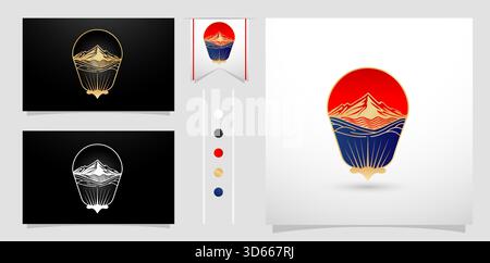 Elegante logo Mountain and Water Emblem con dettagli dorati Set di icone Air per il simbolo del trasporto aereo, il marchio e il design dell'identità Illustrazione Vettoriale