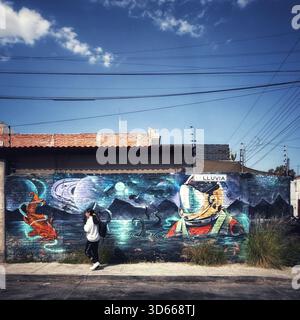 Colorato murale urbano che raffigura una scena spaziale surreale con un astronauta e pianeti su un muro residenziale di strada sotto un cielo blu Foto Stock