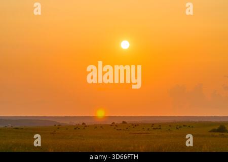Un tramonto mozzafiato proietta meravigliosamente sfumature calde e vibranti sul mare e sulle lussureggianti praterie verdi intorno Foto Stock