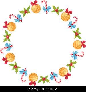 corona natalizia con ornamenti, archi che formano una cornice circolare di baubles dorate, foglie di agrifoglio Illustrazione Vettoriale