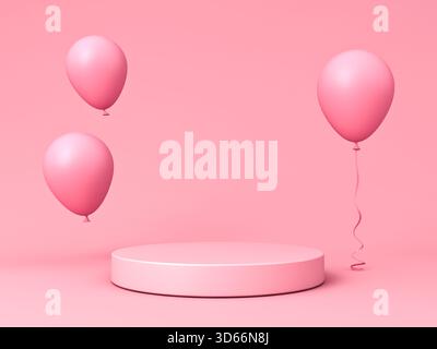 Piedistallo rotondo per prodotto rosa vuoto con palloncini color pastello rosa isolati su sfondo rosa chiaro rendering 3D concettuale minimo Foto Stock