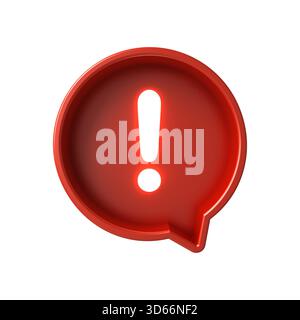 Bolla vocale con punto esclamativo al neon avviso di pericolo icona del segno di attenzione isolata su sfondo bianco rendering 3D. Foto Stock