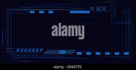Design tecnologico dell'interfaccia utente del telaio HUD per l'interfaccia di gioco cyberpunk. Schermo futuristico con elementi digitali e bordi olografici. Display con tecnologia moderna per giochi fantascientifici, applicazioni VR e spazio. Illustrazione Vettoriale