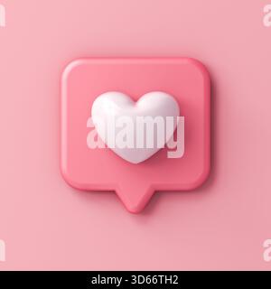 Dolce icona di notifica dei social media Love Like Heart in 3d su sfondo rosa pastello con rendering 3D concettuale minimo Foto Stock
