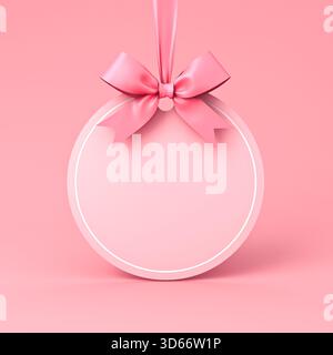 Segno rotondo vuoto appeso con arco a nastro color pastello rosa isolato su sfondo rosa rendering 3D concettuale minimo Foto Stock