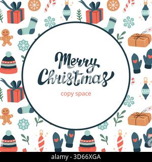 Cornice rotonda di Natale disegnata a mano, spazio per le copie, cartolina, biglietto d'auguri. Cornice circolare decorativa invernale natalizia con motivo natalizio. Buone lettere natalizie. Vettore Illustrazione Vettoriale