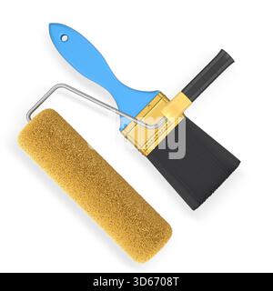 Rullo per pittura e pennello a setole nere con manici isolati su sfondo bianco con percorso di ritaglio, che rappresenta strumenti di pittura e ristrutturazione Foto Stock