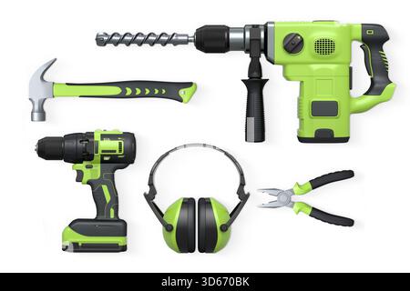 Utensili manuali e elettrici assortiti, tra cui trapano, martello e pinze, isolati su sfondo bianco con percorso di ritaglio. Concetto di riparazione e costruzione Foto Stock