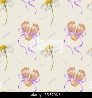 Piedini prematuri legati con fiocco di seta viola e fiori di camomilla. Illustrazione simbolica ad acquerello per la consapevolezza neonatale, World Prematurity Foto Stock