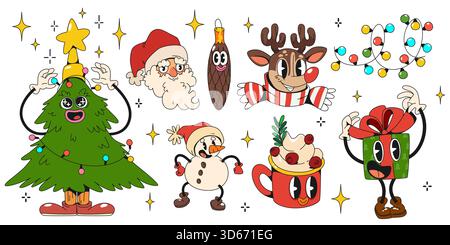 I personaggi natalizi più celebri sono isolati su sfondo bianco. Illustrazione vettoriale di albero X-mas, Babbo Natale, pupazzo di neve, cervo, mascotte con facce, stelle della ghirlanda colorate, simboli delle festività Illustrazione Vettoriale
