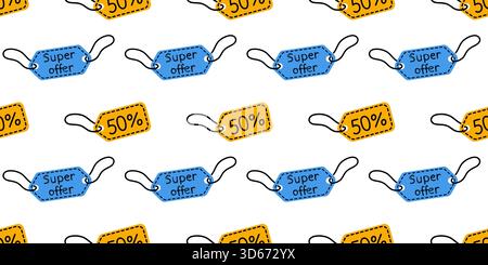 Le etichette colorate con design blu e giallo brillante mostrano un audace sconto del 50% e un testo super-offerta, creando un accattivante schema promozionale Illustrazione Vettoriale