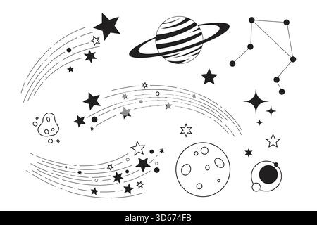 Illustrazione vettoriale con una collezione di elementi cosmici, tra cui pianeti, stelle, costellazioni e meteore, realizzato in stile doodle pulito Illustrazione Vettoriale