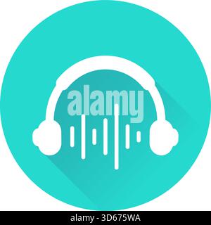 Icona circolare piatta isolata con musica sulle cuffie su sfondo bianco, illustrazione vettoriale Illustrazione Vettoriale