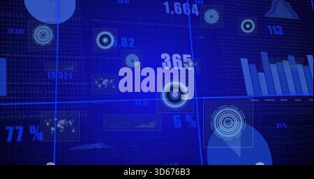 Visualizzazione del dashboard dati centrale illuminato su una griglia scura, con indicatori KPI numerici dei target riquadri cartografici a barre Foto Stock
