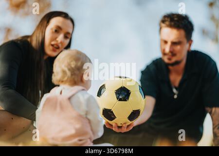La famiglia nel parco autunnale condivide il pallone da calcio con il bambino, catturando momenti caldi e divertenti all'aperto Foto Stock