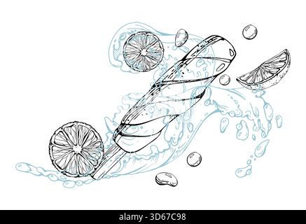 Bastoncino di gelato agli agrumi con fette di limone d'arancia fresche, spruzzi d'acqua, goccioline. Illustrazione della linea grafica vettoriale disegnata a mano con inchiostro Illustrazione Vettoriale