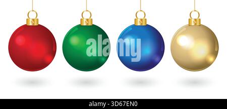 Bauble sull'albero di Natale ambientato nel realistico stile di vetro rosso verde blu e dorato Illustrazione Vettoriale