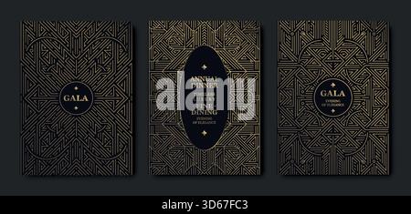 Sfondo di lusso, motivo geometrico Art Deco, elegante disegno della linea oro, Gatsby Border per un gala di alta qualità. Moderno modello vettoriale, inviti VIP Illustrazione Vettoriale