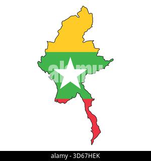 Myanmar Birmania Mappa, silhouette con bandiera nazionale Illustrazione Vettoriale