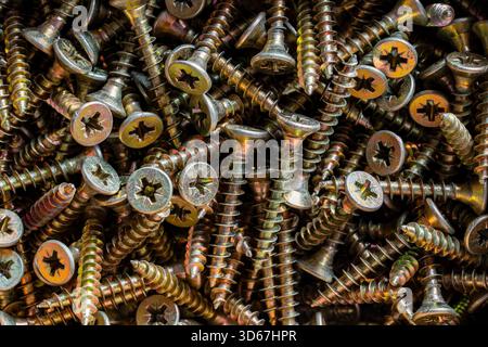 Molte viti autofilettanti in metallo dorato per lavori di costruzione, primo piano, vista dall'alto. Nuovi dispositivi di fissaggio in metallo viti autofilettanti per il collegamento di elementi in legno Foto Stock