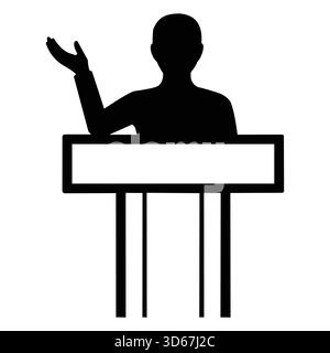 Sagoma di una persona che tiene un discorso dietro un podio isolato su, simboleggiando la comunicazione pubblica e l'illustrazione del vettore di comunicazione Illustrazione Vettoriale