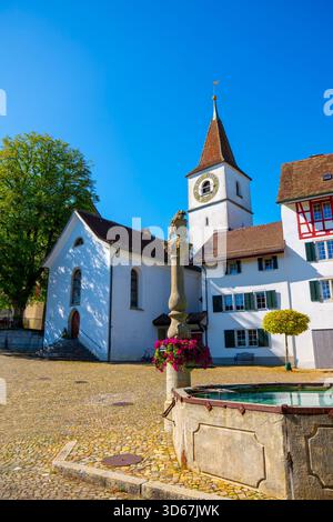 Piazza della città con Chiesa di San Giovanni e Fontana e un albero nella città vecchia medievale in una giornata estiva soleggiata con cielo blu a Regensberg, Zurigo CA Foto Stock
