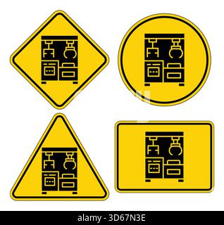 Una collezione di quattro cartelli di avvertimento gialli con icone delle apparecchiature industriali, che evidenziano la sicurezza e l'attenzione in varie forme e design per effe Illustrazione Vettoriale
